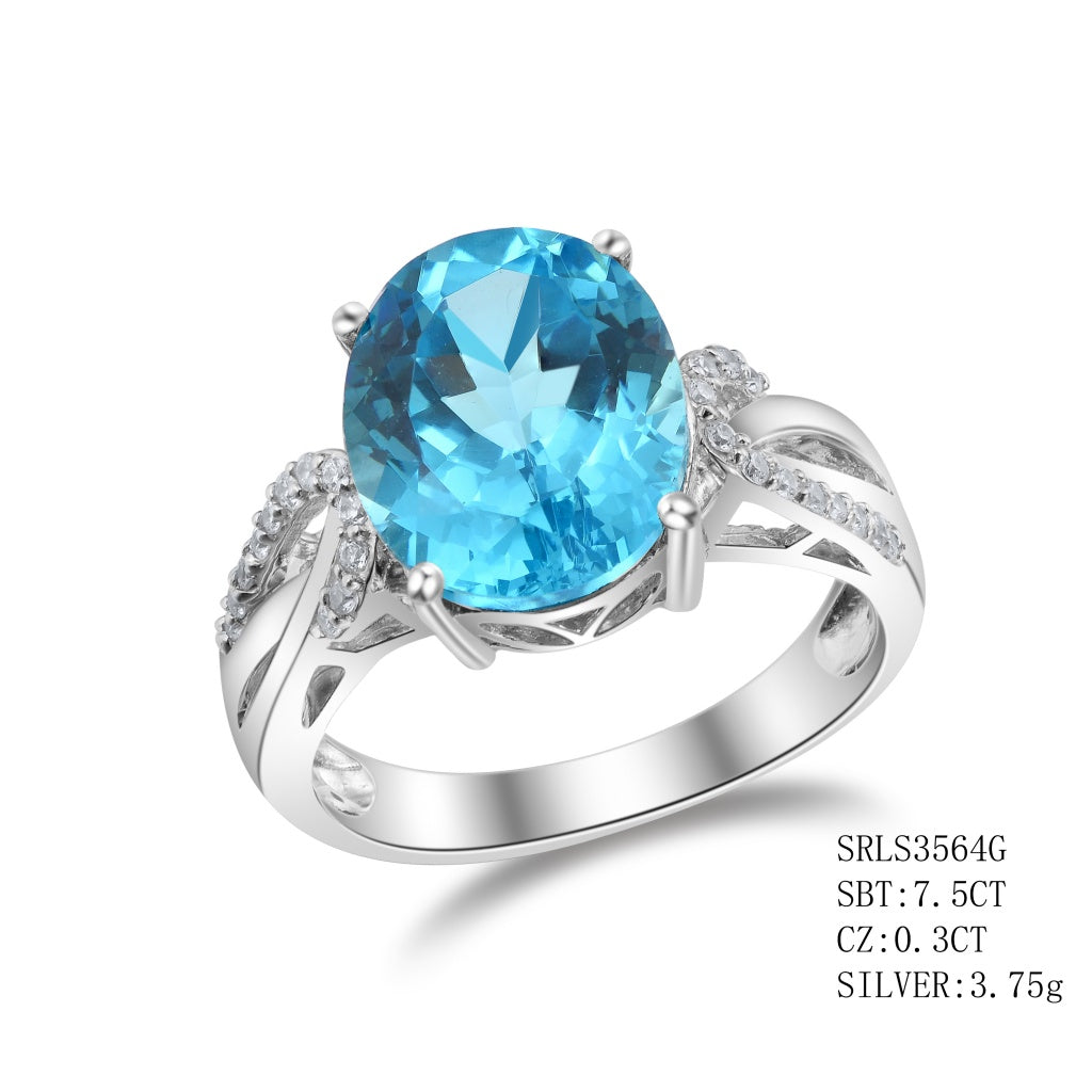 Sterling Silver Oval Cut  Blue Topaz In 4 Prong Setting Surround C.Z On The Band On Each Side, Blue Topaz - 7.50Ctw C.Z - 0.30Ctw