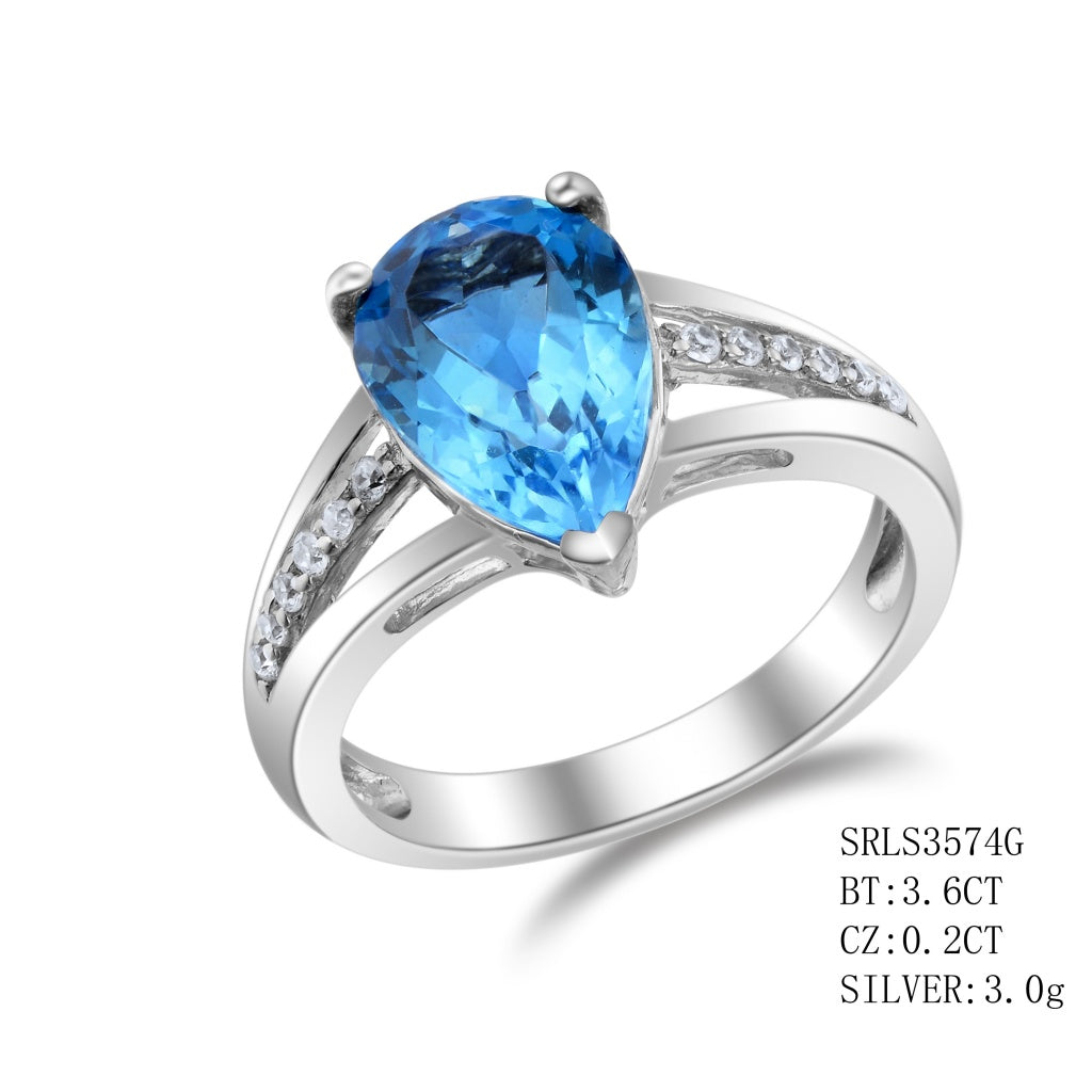 Sterling Silver Pear Cut  Blue Topaz In 3 Prong Setting Followed By One Row Of C.Z On The Band On Each Side, Blue Topaz - 3.60Ctw C.Z - 0.20Ctw