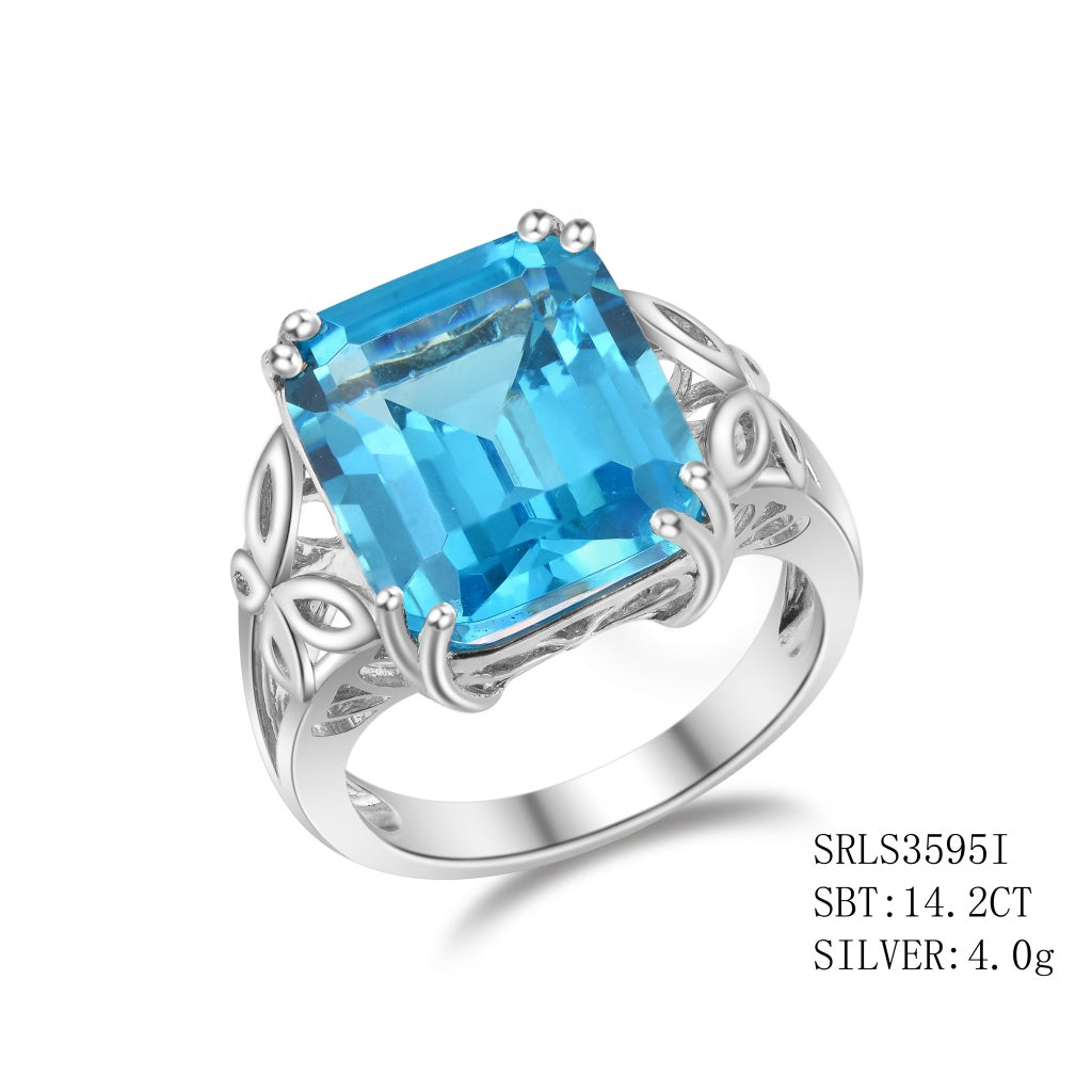 Sterling Silver Blue Topaz Ring Featuring With Emerald Cut In The Center In 8 Prong Setting With Filigree Design On Each Side, Blue Topaz - 14.20Ctw