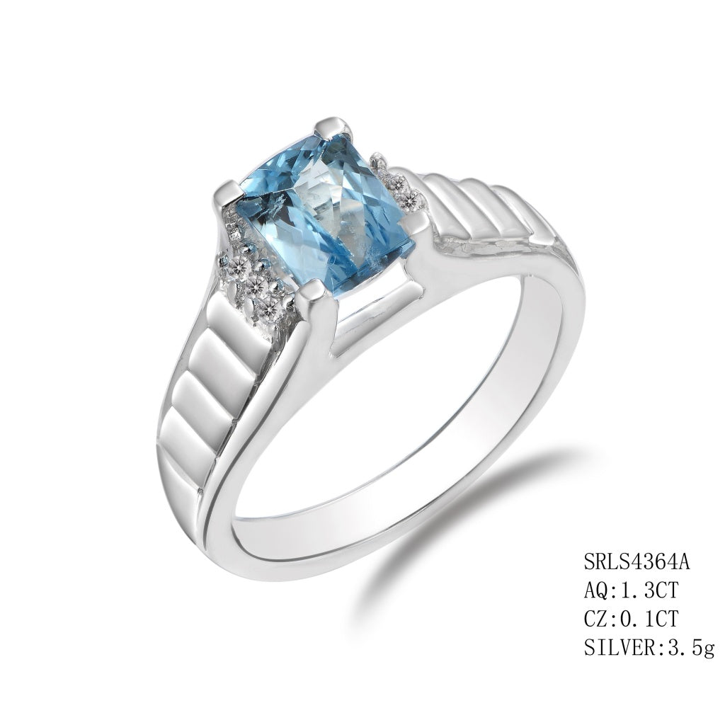 Sterling Silver Aquamarine Ring With C.Z On The Each Side, Aquamarine - 1.30Ctw C.Z - 0.10Ct