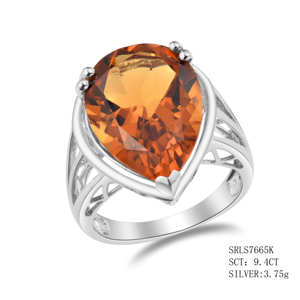 Sterling Silver Pear Cut Citirne In 3 Prong Setting With Filigree Design On The Each Side, Citrine - 9.40Ctw