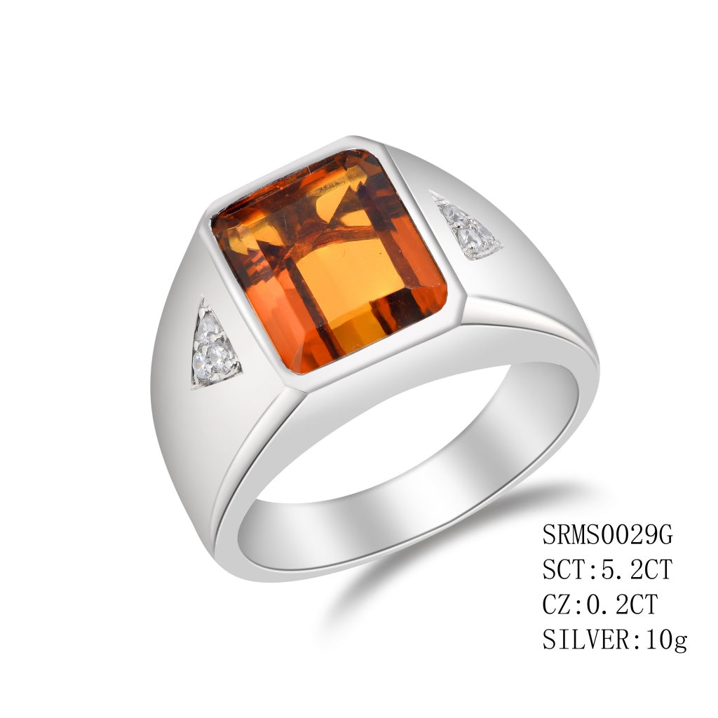 Sterling Silver Bezel Set Synthetic Citrine With 1C.Z On Each Side On The Band, Citrine - 5.2Ctw, C.Z. - 0.20Ctw